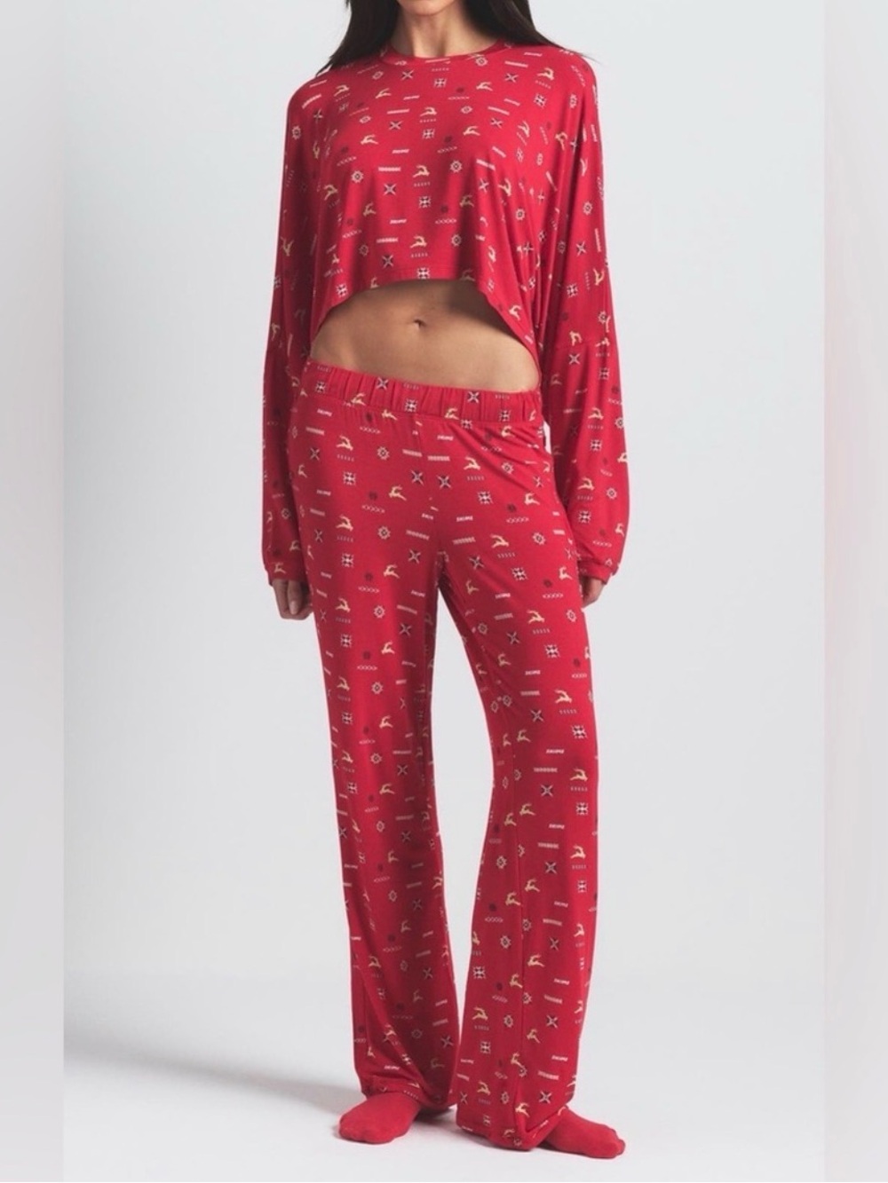 SKIMS Red Holiday Print Pajama Set